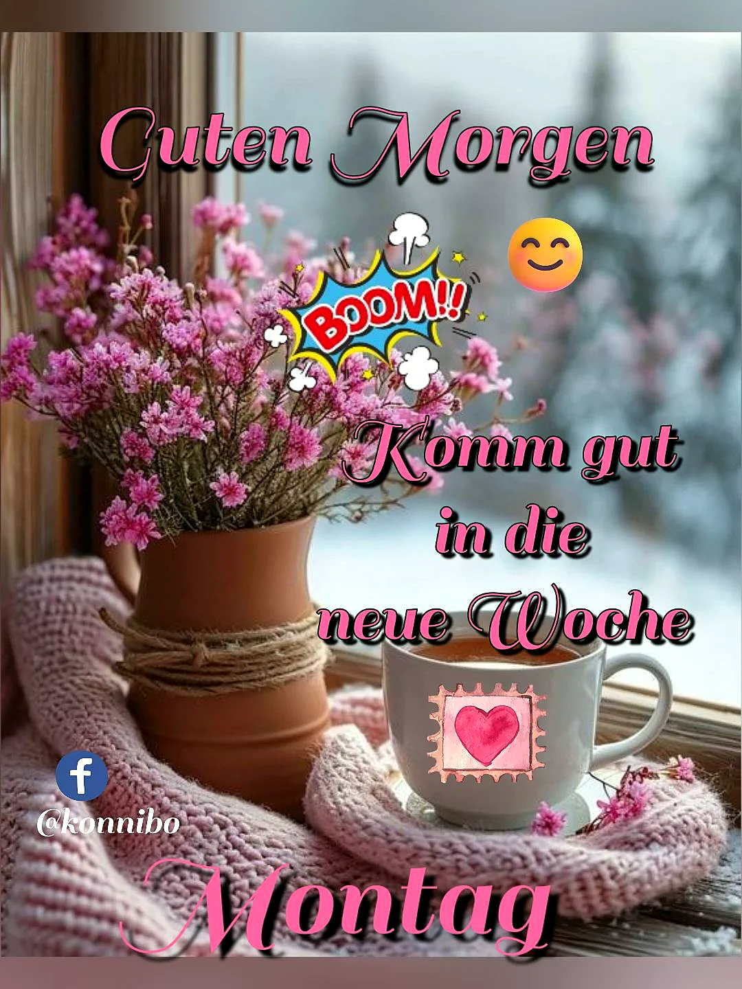 Ein weißer Kaffeebecher mit einem rosa Herz auf einem Fensterbrett, umgeben von kleinen rosa Blumen in einem terrakotta Topf, auf einem rosa Schal. Im Hintergrund ein verschneiter Garten.