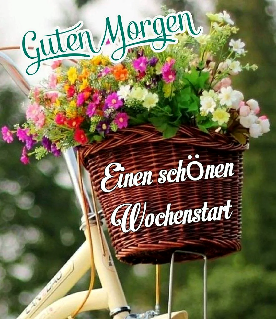 Ein Fahrradkorb gefüllt mit einem bunten Blumenstrauß, auf einem Fahrrad mit cremefarbenem Rahmen. Der Korb ist aus braunem Weidengeflecht und überquillt mit farbenfrohen Blumen.