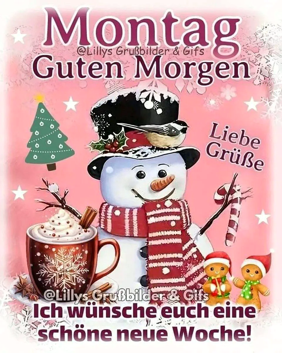 Ein Schneemann in rotem Schal und schwarzem Hut hält einen Weihnachtsstab in der Hand. Neben ihm steht ein Lebkuchenmann, ein Weihnachtsbaum und eine Tasse mit Marshmallow-Schokoladengetränk. Der Hintergrund ist rosa mit Schneeflocken und Sternen.