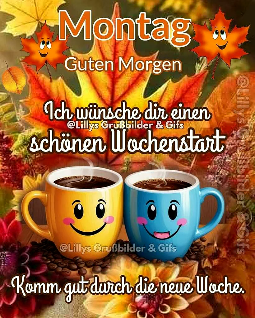 Ein Bild mit zwei lächelnden Kaffeetassen, gelb und blau, vor einem Herbsthintergrund mit farbenfrohen Blättern, Blumen und Kaffeebohnen.