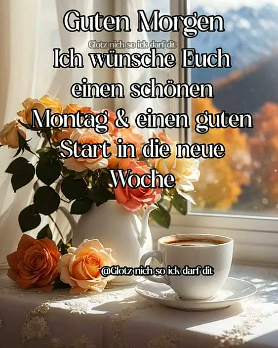 Ein Foto von einem gemütlichen Morgen mit einer Tasse Kaffee, einem Blumenstrauß in einer Vase und einem Blick aus dem Fenster auf eine Herbstlandschaft