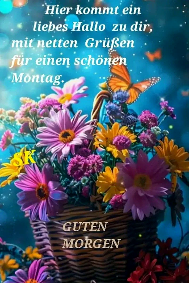 Ein wunderschöner Blumenkorb voller leuchtender rosa, lila und gelber Blüten, darüber schwebt ein orangefarbener Schmetterling. Eine fröhliche Szene für einen motivierenden Montag.