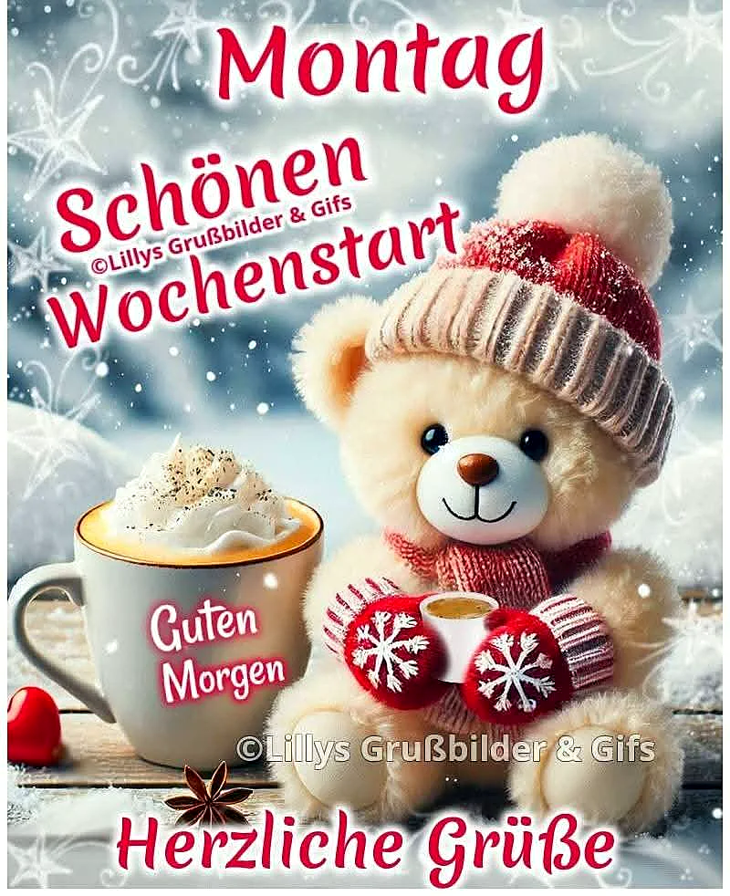 Ein Teddybär in rotem Schal und Mütze sitzt neben einer Tasse Kaffee mit Schlagsahne auf einem Holztisch, umgeben von Schnee und Sternen.