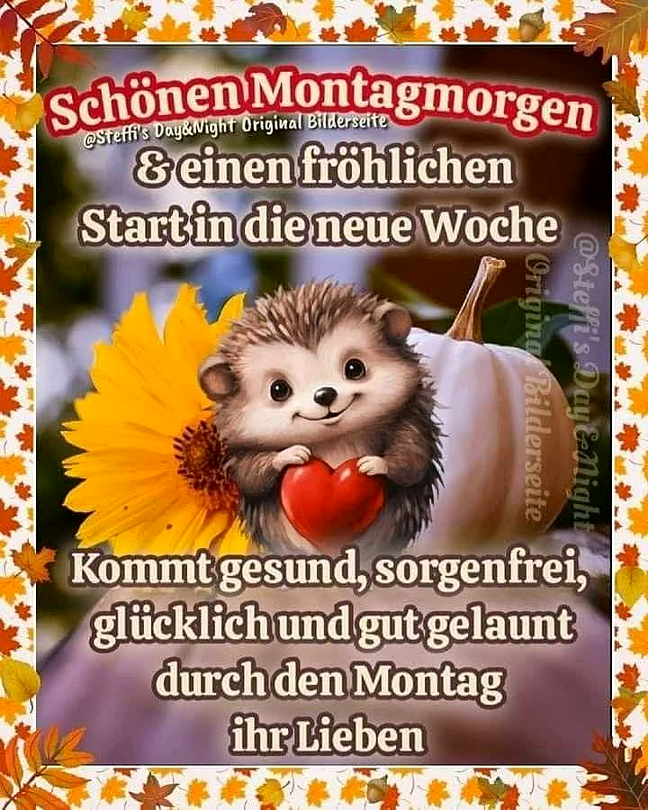 Ein niedliches Igelchen hält ein rotes Herz in den Pfoten und steht neben einer gelben Sonnenblume und einem weißen Kürbis, umgeben von einem Herbstblatt-Rahmen.