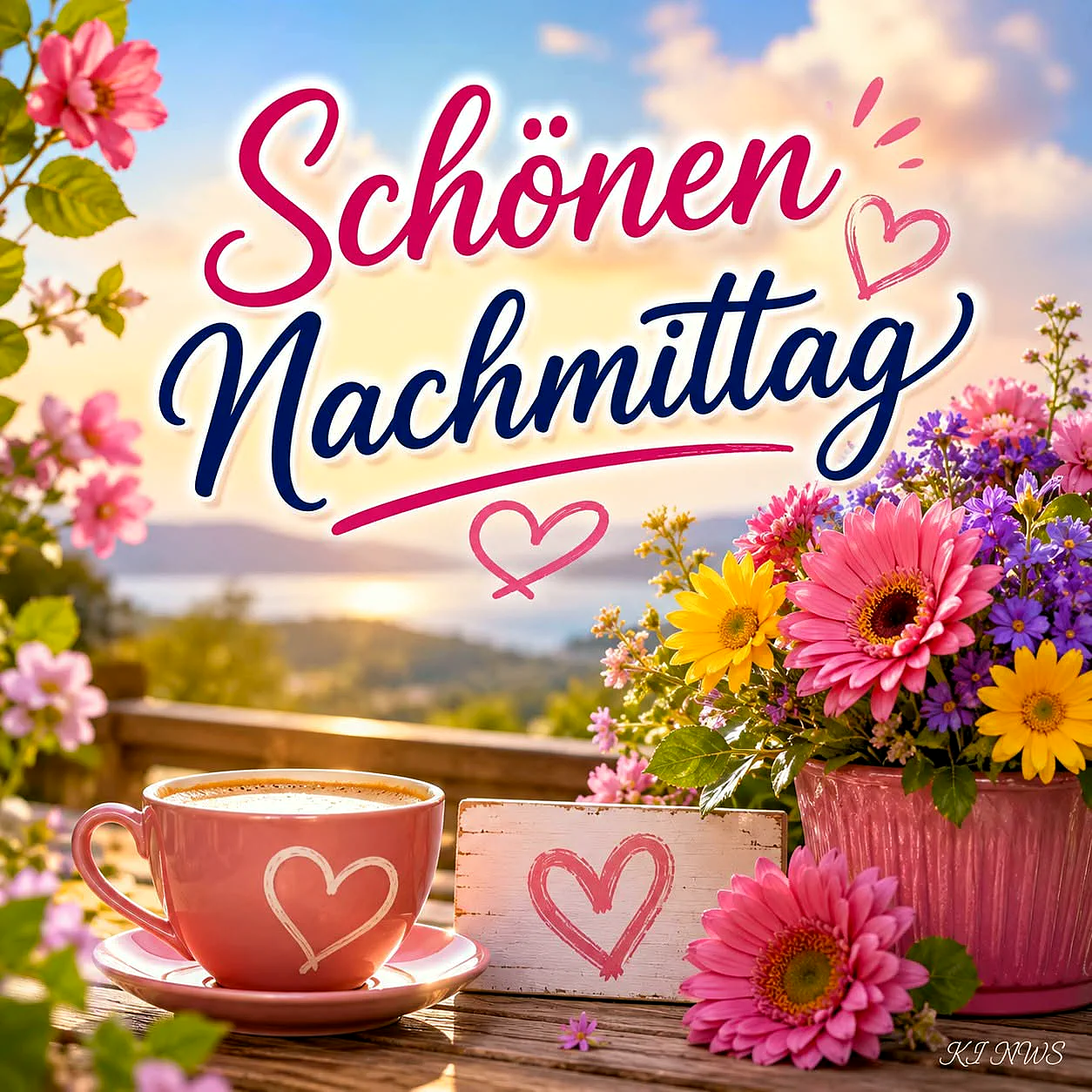 Ein rosa Kaffeebecher mit Herz auf einem Holztisch, umgeben von Blumen und einer idyllischen Landschaft.