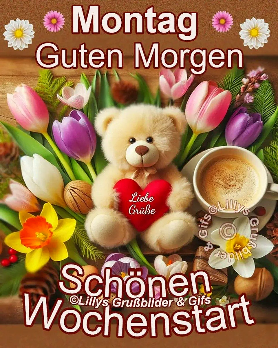 Ein niedlicher Teddybär mit einem roten Herz inmitten von Blumen, Tulpen und einem Kaffee auf einem Holztisch