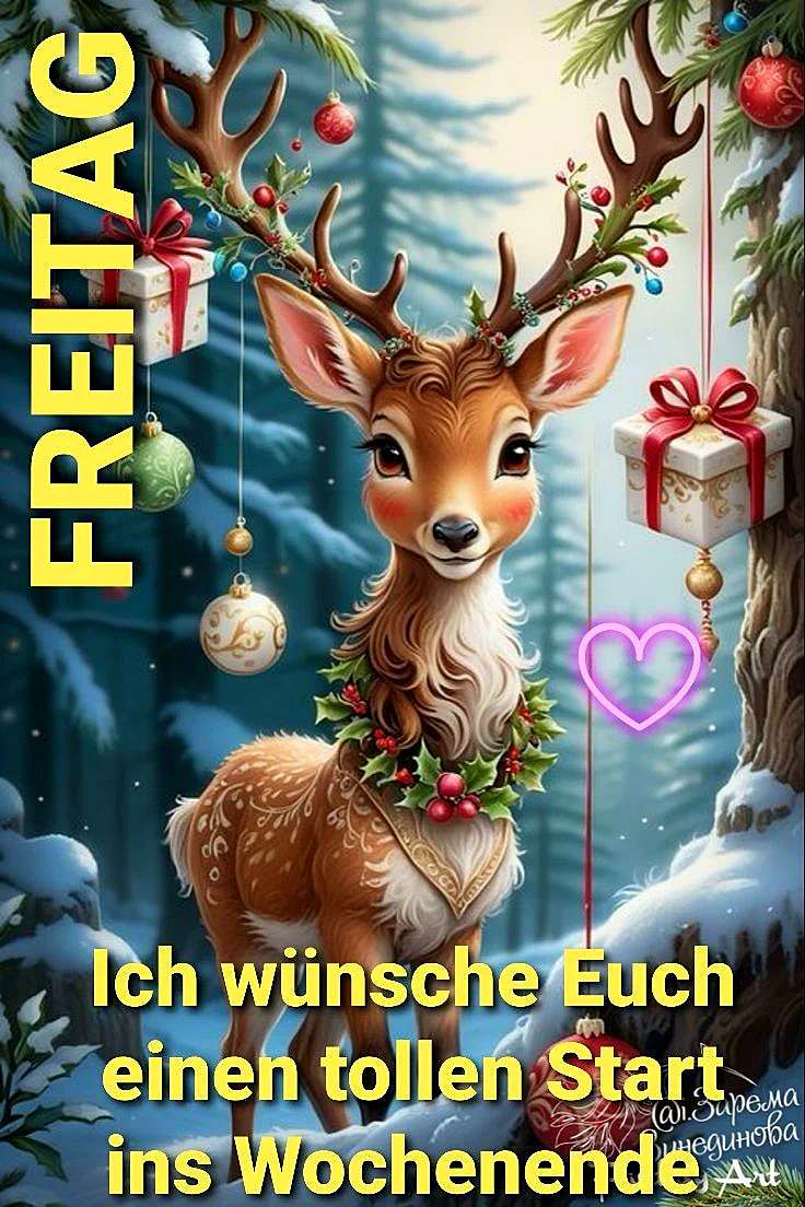 Ein friedlicher Hirsch mit Weihnachtsdekoration im Wald, umgeben von Schnee und Tannenbäumen, mit einem herzlichen Gruß zum Wochenende.