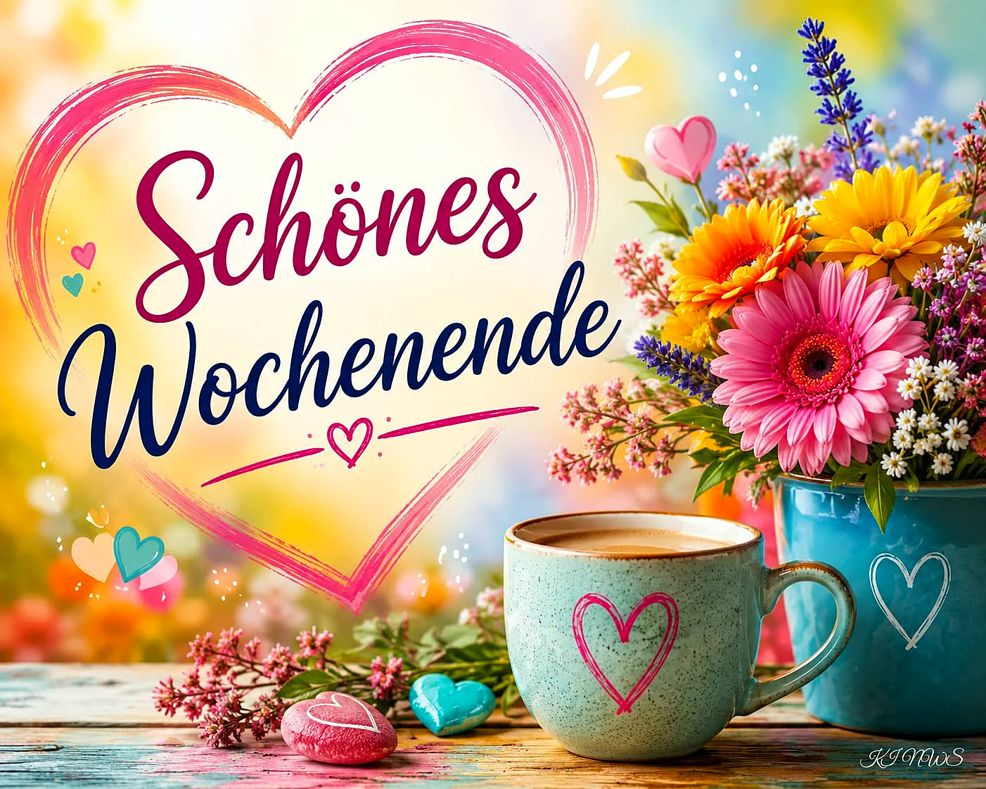 Ein farbenfrohes Bild mit einer Tasse Kaffee, einem Blumenstrauß und einem Herz, das einen schönen Wochenendgruß symbolisiert.