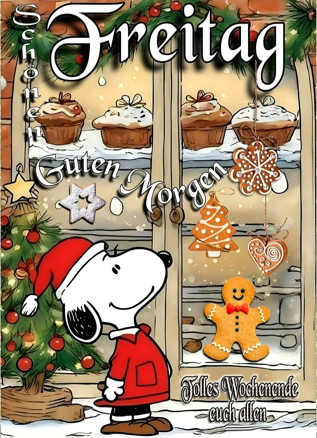 Ein Cartoon von Snoopy in einer roten Jacke und Weihnachtsmütze steht vor einer Tür mit festlicher Dekoration, Weihnachtsbäumen, Muffins, Plätzchen und einem Lebkuchenmann.
