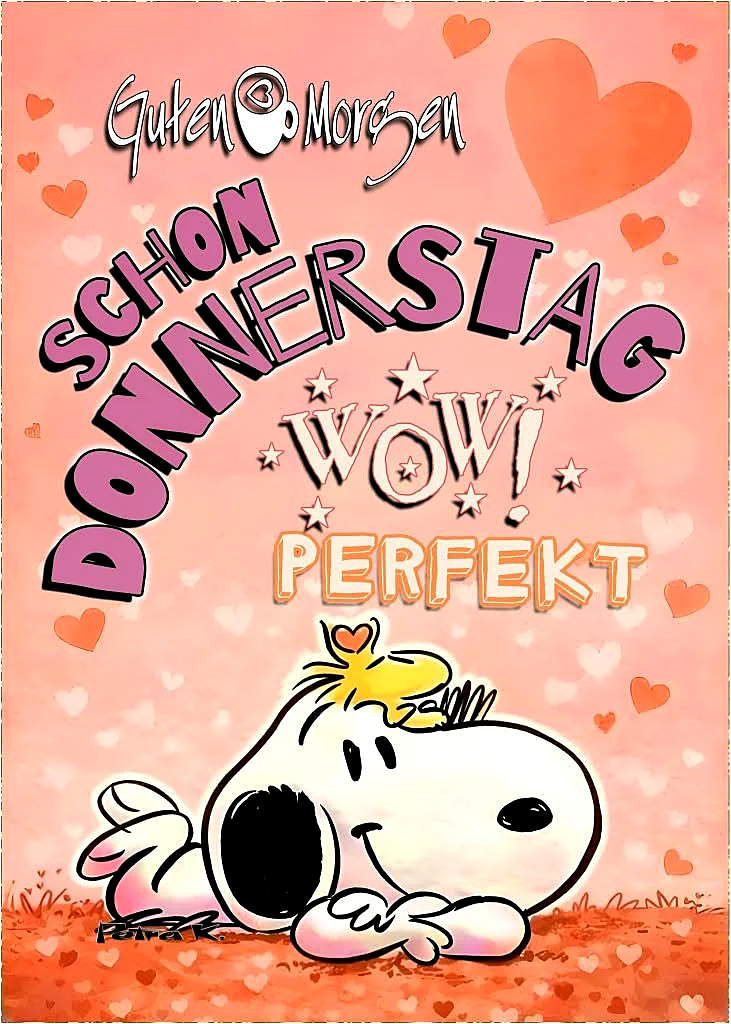 Ein Cartoon von Snoopy, der auf dem Boden liegt und von einem kleinen gelben Vogel gekrönt wird. Der Hintergrund ist rosa mit vielen kleinen und großen Herzen.