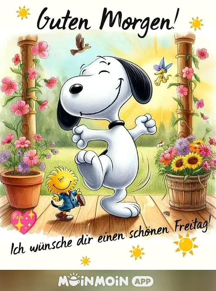 Ein Cartoon von Snoopy und seinem Freund auf einer Veranda, umgeben von Blumen und Sonnenschein. Snoopy tanzt fröhlich auf einem Bein, während sein Freund daneben steht. Der Himmel ist hell und sonnig.