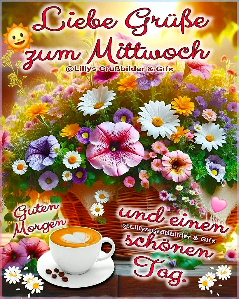 Ein bunter Blumenkorb, gefüllt mit Petunien und Margeriten, leuchtet am Mittwoch. Davor steht eine Kaffeetasse mit Herz-Latte-Art. Lachende Sonne und ein Herz begleiten den herzlichen Wochenmitte-Gruß.