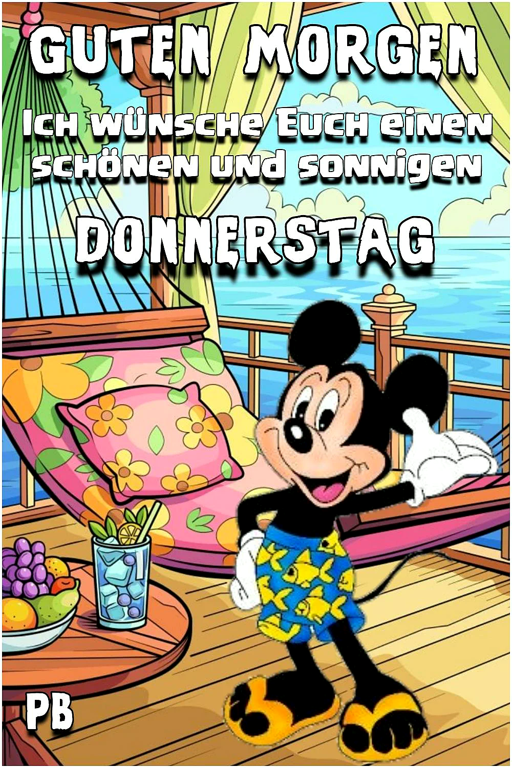 Ein cartoonartiges Bild von Mickey Mouse auf einer Veranda mit Blick aufs Meer, Früchten und einem Getränk, bei Sonnenschein.
