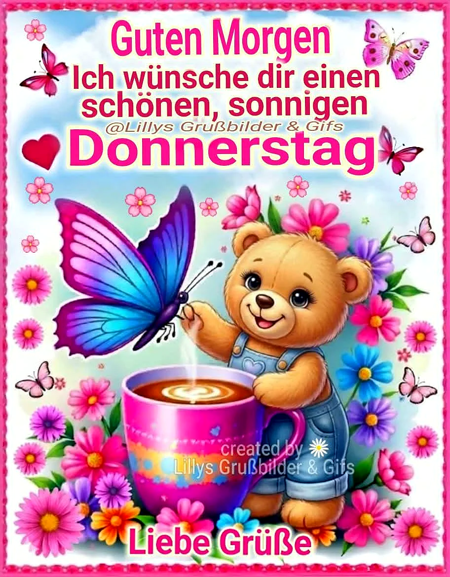 Ein Teddybär in blauen Overalls hält eine rosa Kaffeetasse und berührt eine bunte Schmetterling, umgeben von Blumen und weiteren Schmetterlingen