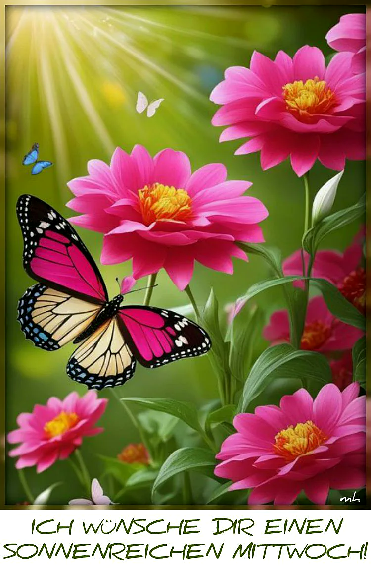 Ein wunderschöner Schmetterling mit pink-cremefarbenen Flügeln tanzt inmitten leuchtend pinker Dahlien, die von sanften Sonnenstrahlen geküsst werden. Die Szene strahlt frühlingshafte Hoffnung und eine beruhigende Leichtigkeit für die Wochenmitte aus.