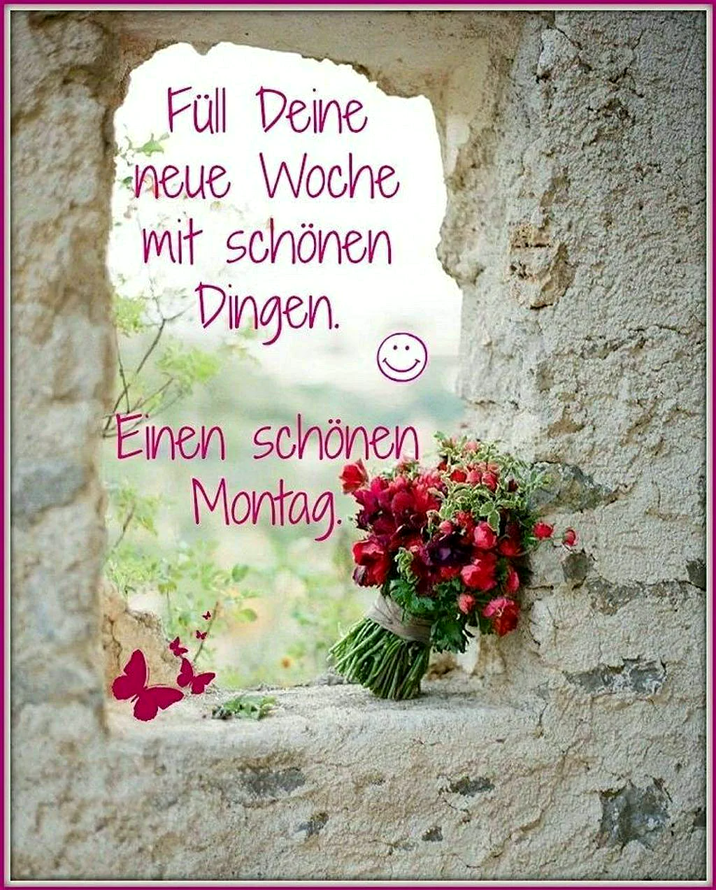 Rustikale Steinmauer mit einem Bouquet aus roten und rosa Blüten darauf. Im Hintergrund hellgrünes Laub und zwei rosa Schmetterlinge. Eine optimistische, motivierende Atmosphäre für den Wochenstart.