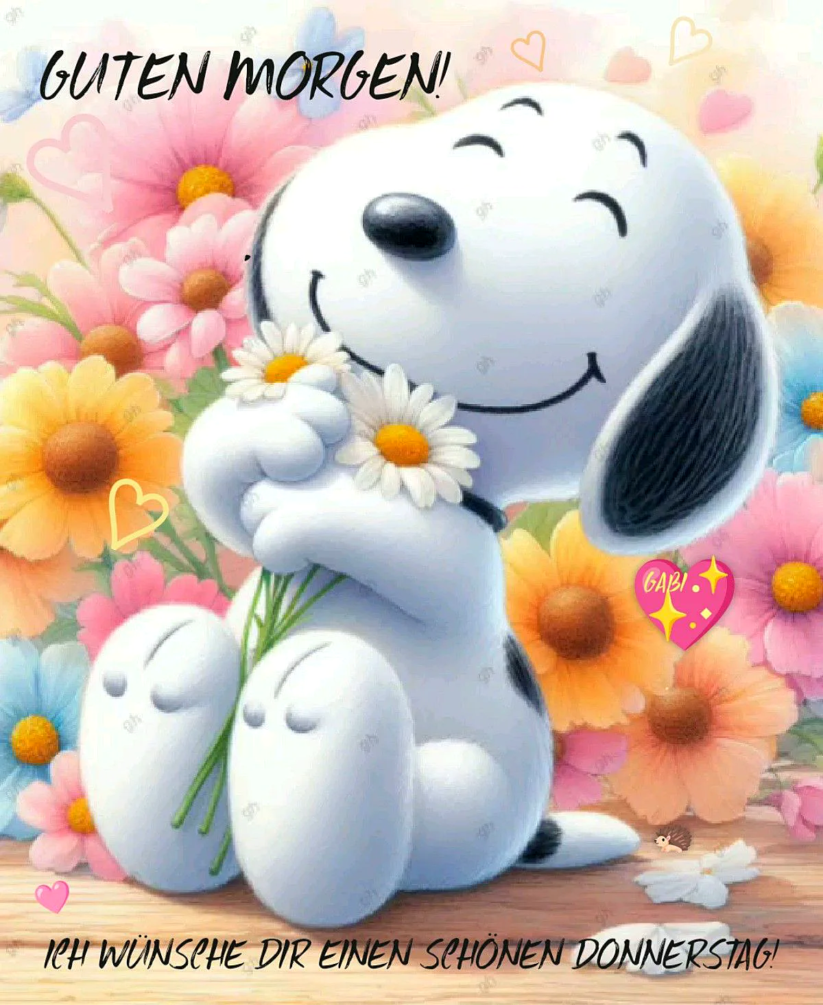 Ein glücklicher Snoopy, umgeben von einem Meer bunter Pastellblumen, hält Gänseblümchen und strahlt. Das Bild übermittelt eine fröhliche und erwartungsvolle Donnerstagmorgenstimmung.