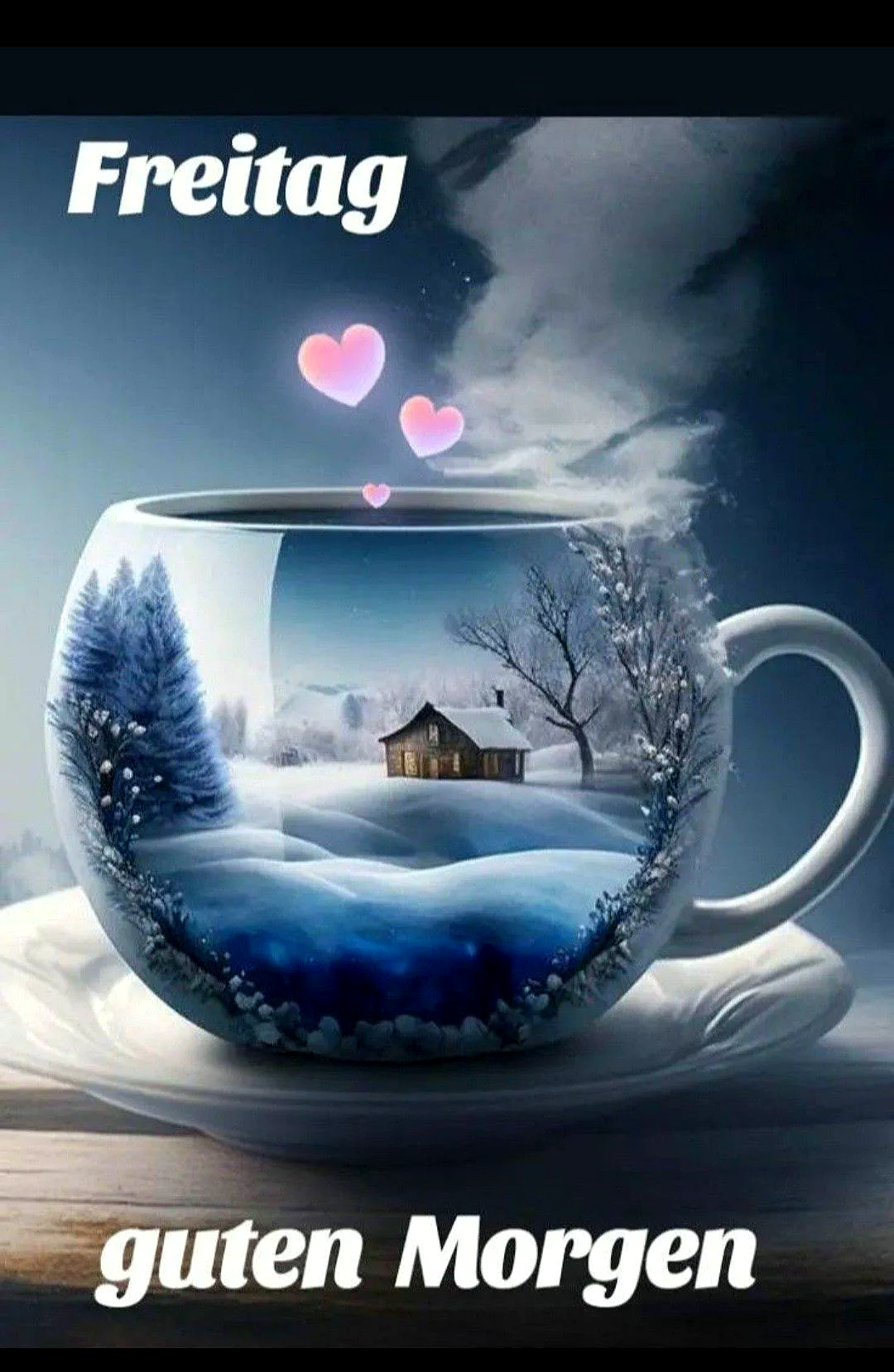 Ein transparentes Glas mit einer magischen Winterlandschaft, darin eine gemütliche Hütte, schneebedeckte Bäume und eisige Gewässer. Darüber schweben leuchtende Herzen und Dampf, dazu der Gruß 'Freitag guten Morgen'.