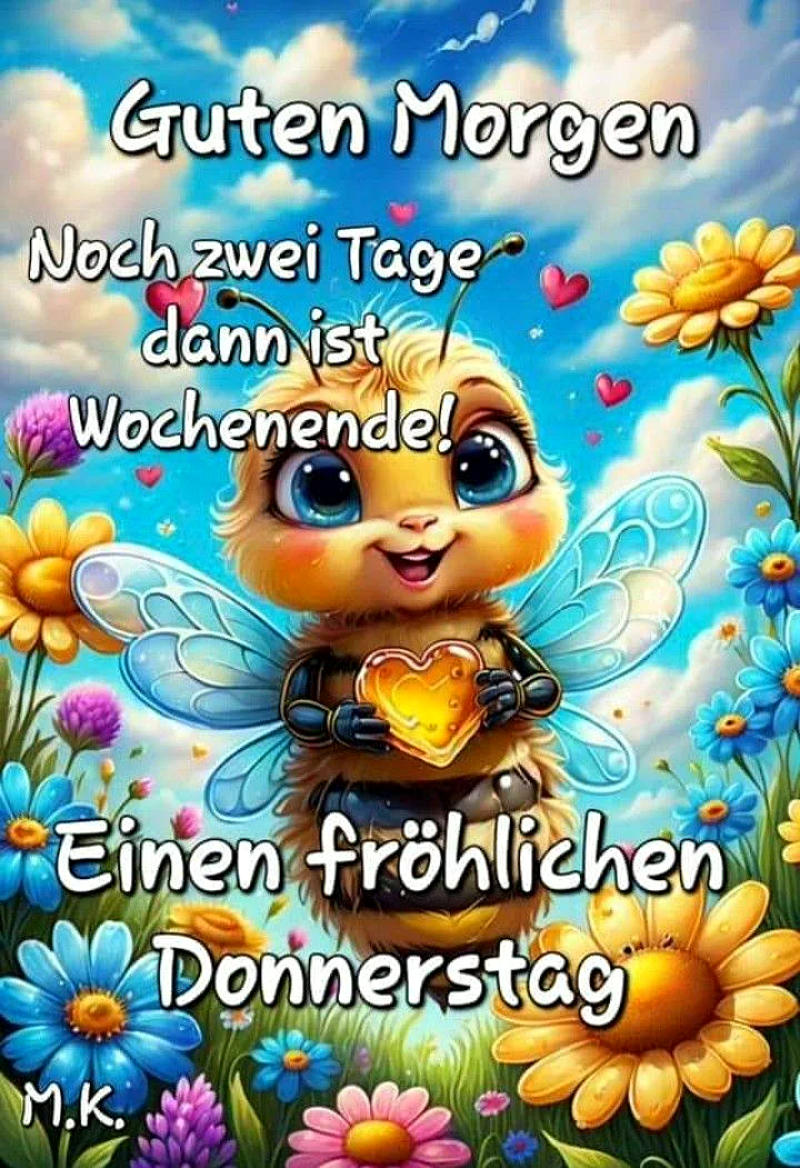 Süße Cartoon-Biene mit leuchtend blauen Augen und einem goldenen Herz, umgeben von bunten Blumen und grüner Wiese. Der fröhliche Gruß zum Donnerstag verheißt das baldige Wochenende unter einem klaren Himmel.