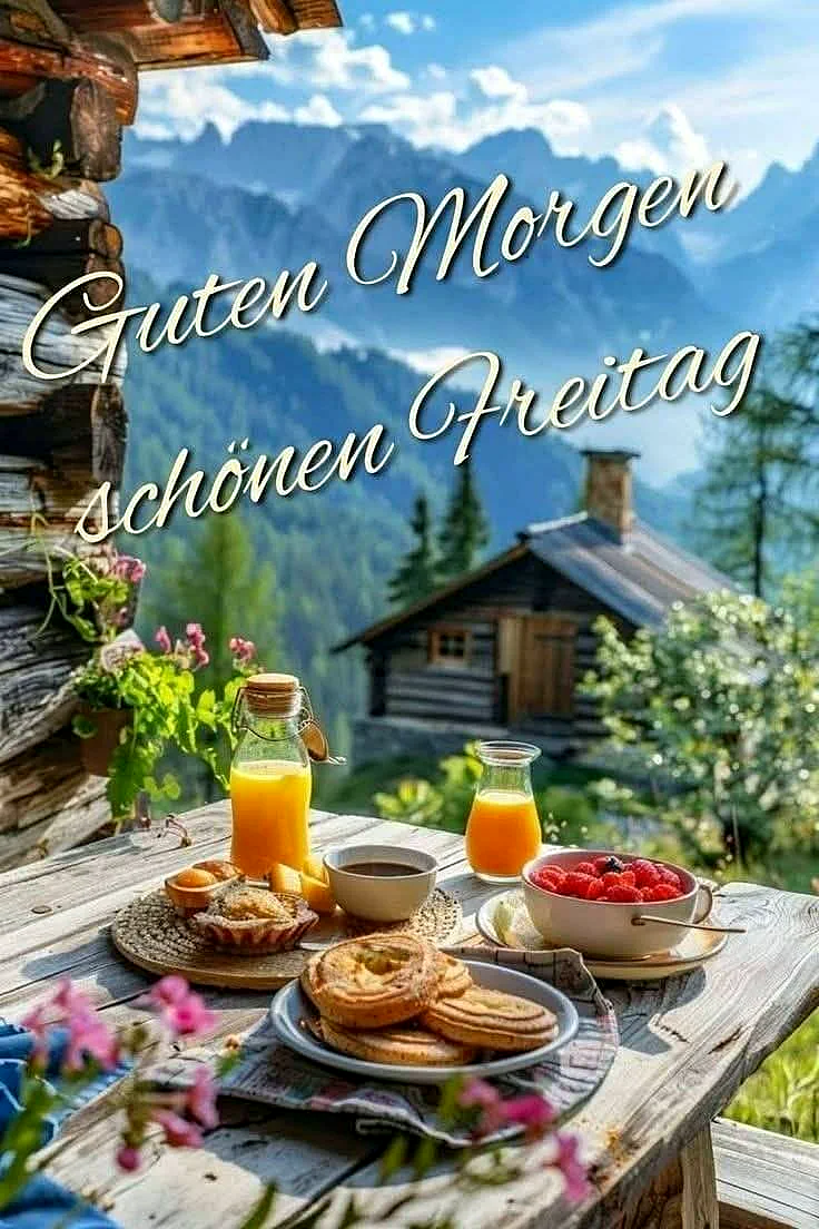 Sonniges Freitagsfrühstück auf rustikalem Holzbalkon mit Alpenblick. Frischer Orangensaft, Waffeln und Beeren liegen bereit. Eine gemütliche Holzhütte und grüne Berge unter blauem Himmel verströmen entspannte Wochenend-Freude.