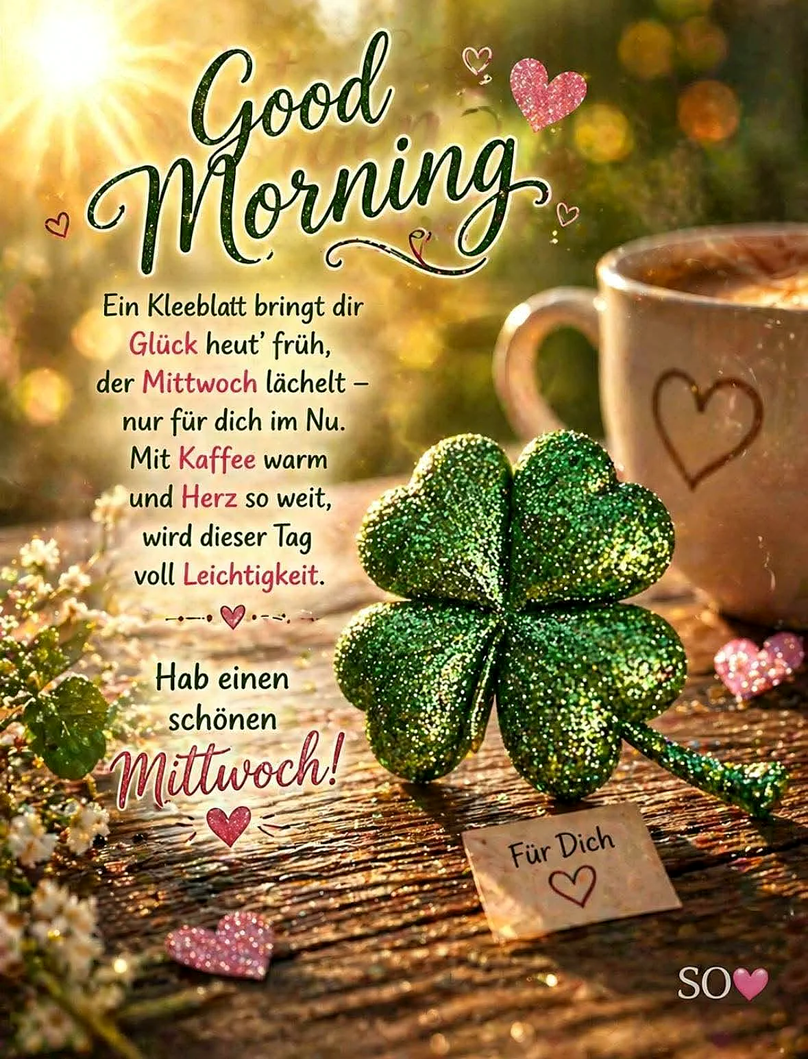 Ein glitzerndes vierblättriges Kleeblatt liegt auf einem rustikalen Holztisch, umgeben von zarten Blüten und pinken Herzen. Warme goldene Sonnenstrahlen durchfluten die Szene mit einer gemütlichen Tasse Kaffee im Hintergrund, während der Text einen schönen Mittwoch voller Leichtigkeit wünscht.