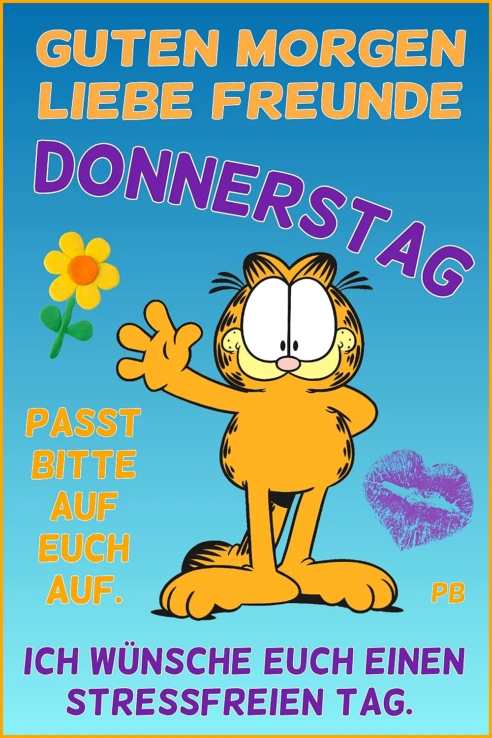 Ein Cartoon-Kater mit gelben Fell und schwarzen Punkten, der eine gelbe Blume und einen violetten Kussmund neben sich hat. Der Kater winkt mit einer Pfote und hat ein freundliches Gesicht.