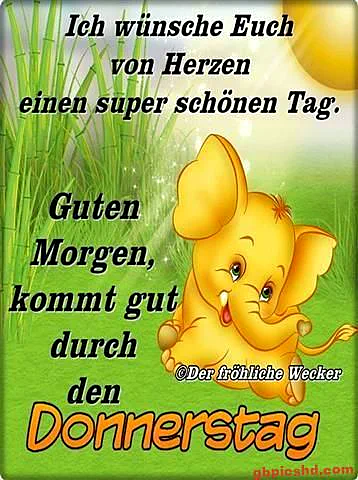 Ein niedlicher gelber Zeichentrick-Elefant sitzt lachend in einem Feld aus grünem Gras und hohen Pflanzen, mit einem sanften Lichtschein im Hintergrund, der eine fröhliche Donnerstag-Morgenstimmung einfängt.