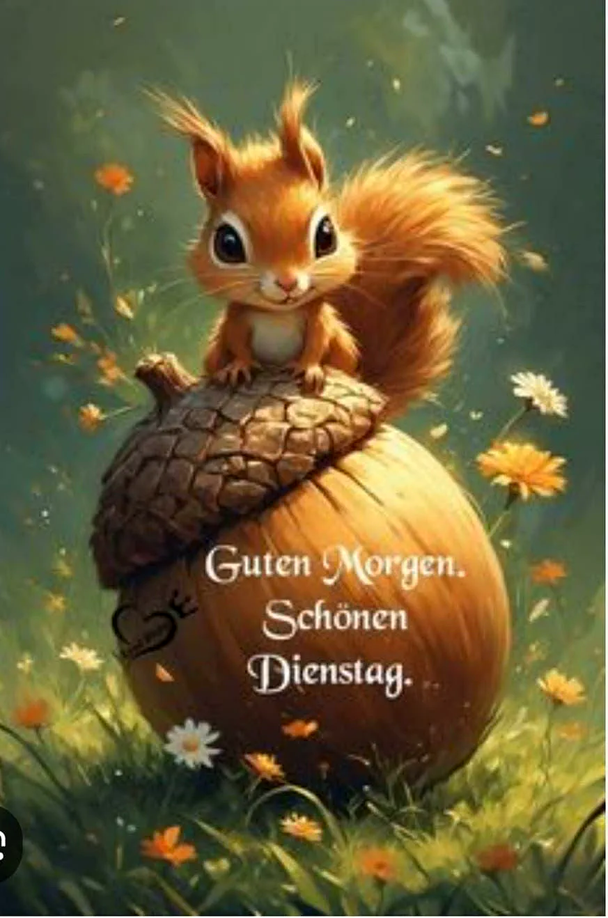 Ein niedliches, flauschiges Eichhörnchen sitzt auf einer großen Eichel in einer grünen Blumenwiese. Das Bild vermittelt eine ruhige, freundliche Morgenstimmung und wünscht einen schönen Dienstag. Text: Guten Morgen. Schönen Dienstag.