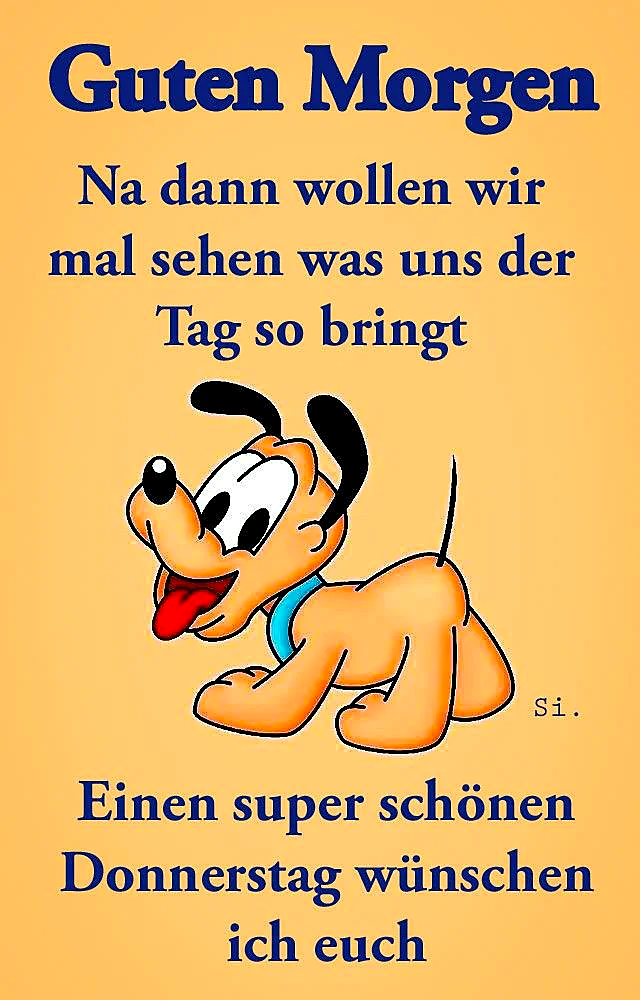 Ein fröhlicher Zeichentrickhund mit Schlappohren und blauem Halsband lächelt breit und streckt die Zunge heraus. Er sendet einen optimistischen Guten-Morgen-Gruß für einen schönen Donnerstag auf gelbem Hintergrund.
