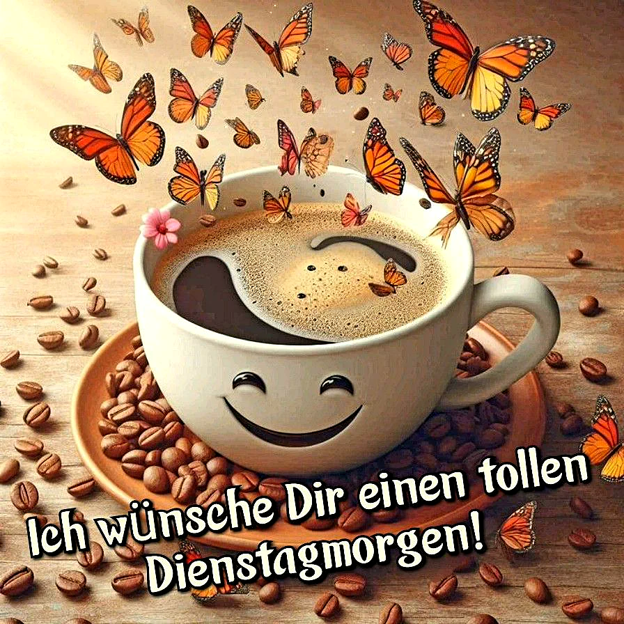 Ein weißer Kaffeebecher mit einem lächelnden Gesicht auf einem Holztisch, umgeben von Kaffeebohnen und Schmetterlingen.