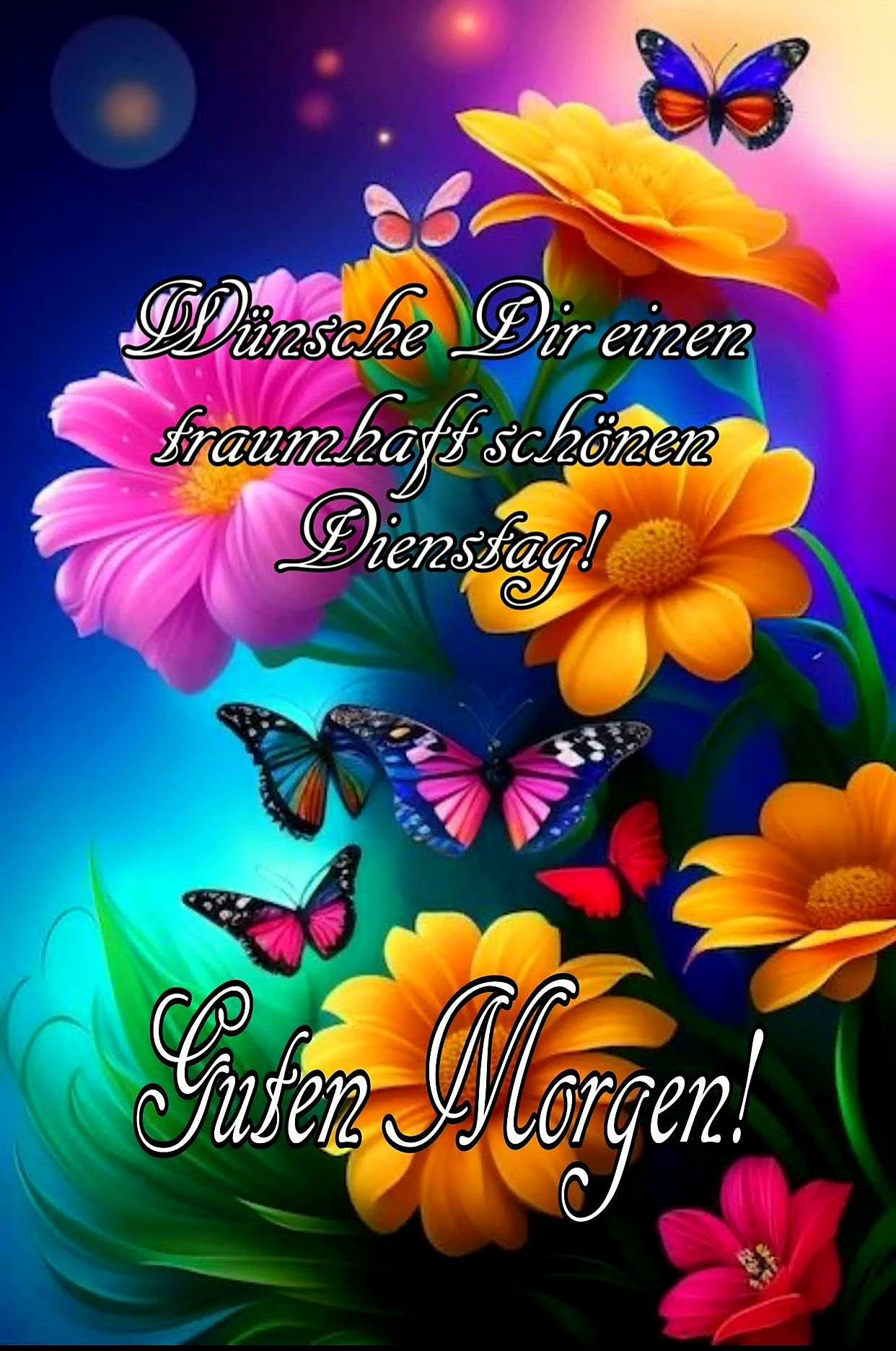 Lebendiges, digitales Grußbild mit bunten Schmetterlingen und leuchtenden Blumen in Pink, Orange und Fuchsia auf einem farbenfrohen, mystischen Hintergrund. Es vermittelt eine freundliche, produktive Dienstagsstimmung.