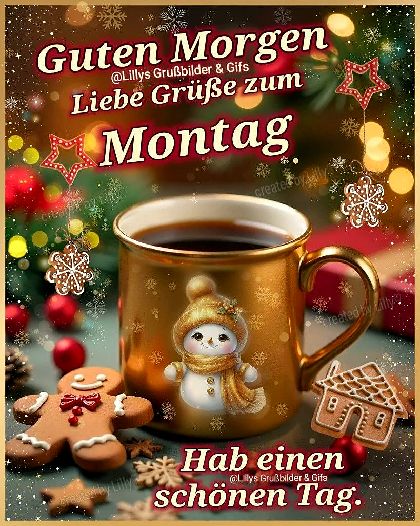 Ein goldener Kaffebecher mit Schneemannmotiv steht neben einem Lebkuchenmann und einem kleinen Lebkuchenhaus. Im festlichen Hintergrund funkeln rote Weihnachtskugeln, Sterne und sanfte Bokeh-Lichter. Die winterliche Szene vermittelt eine gemütliche und motivierende Stimmung für den Wochenanfang.