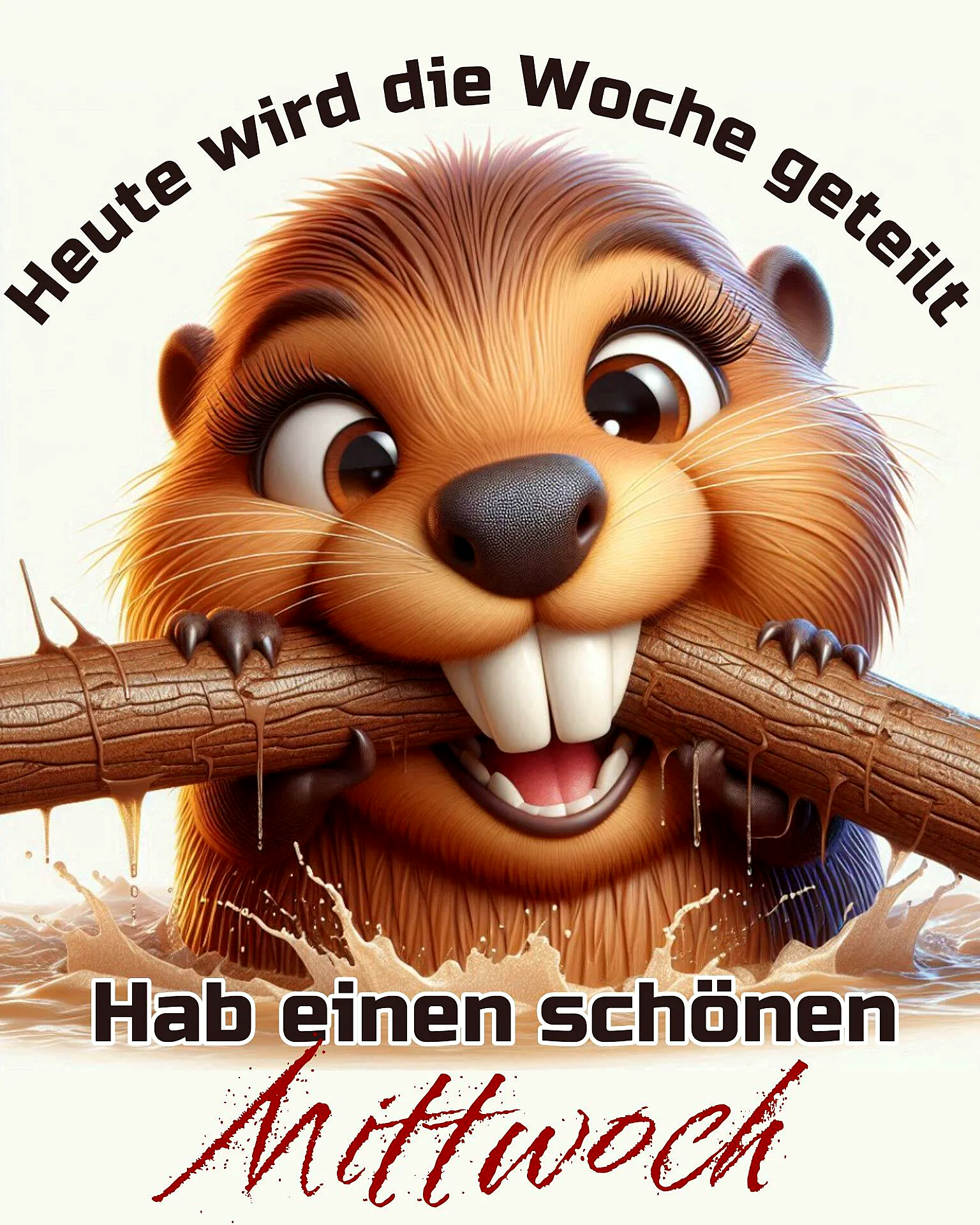 Ein fröhlicher Cartoon-Biber mit großen Augen und langen Wimpern lächelt breit und hält einen dicken braunen Ast zwischen seinen großen Vorderzähnen. Er sitzt in spritzendem, schlammbraunem Wasser und übermittelt einen spielerischen sowie ermutigenden Mittwochs-Gruß.