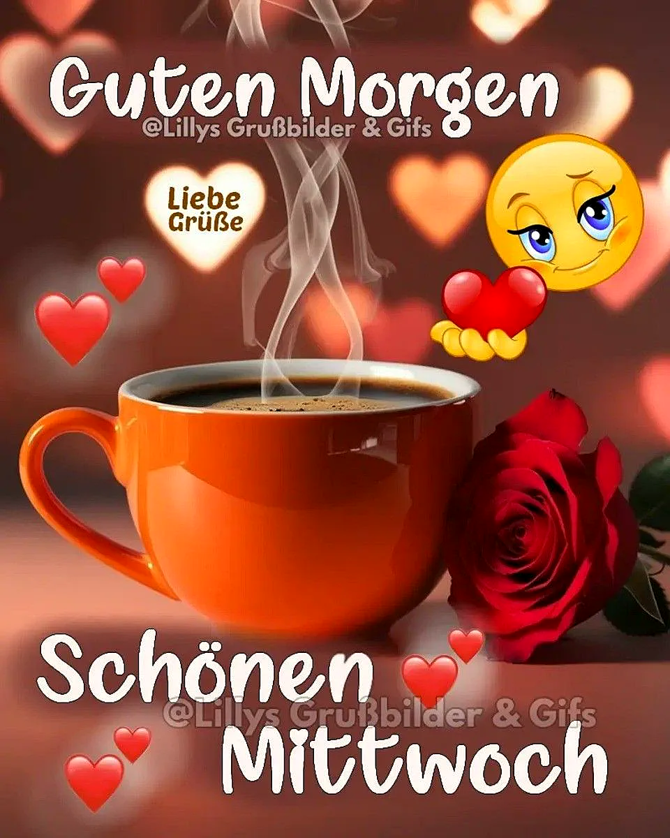 Eine dampfende orangefarbene Kaffeetasse steht neben einer roten Rose. Dazu ein liebes Emoji mit einem Herz in der Hand und schwebenden roten Herzen im warmen, unscharfen Hintergrund. Der Text „Guten Morgen“ und „Schönen Mittwoch“ ist sichtbar.