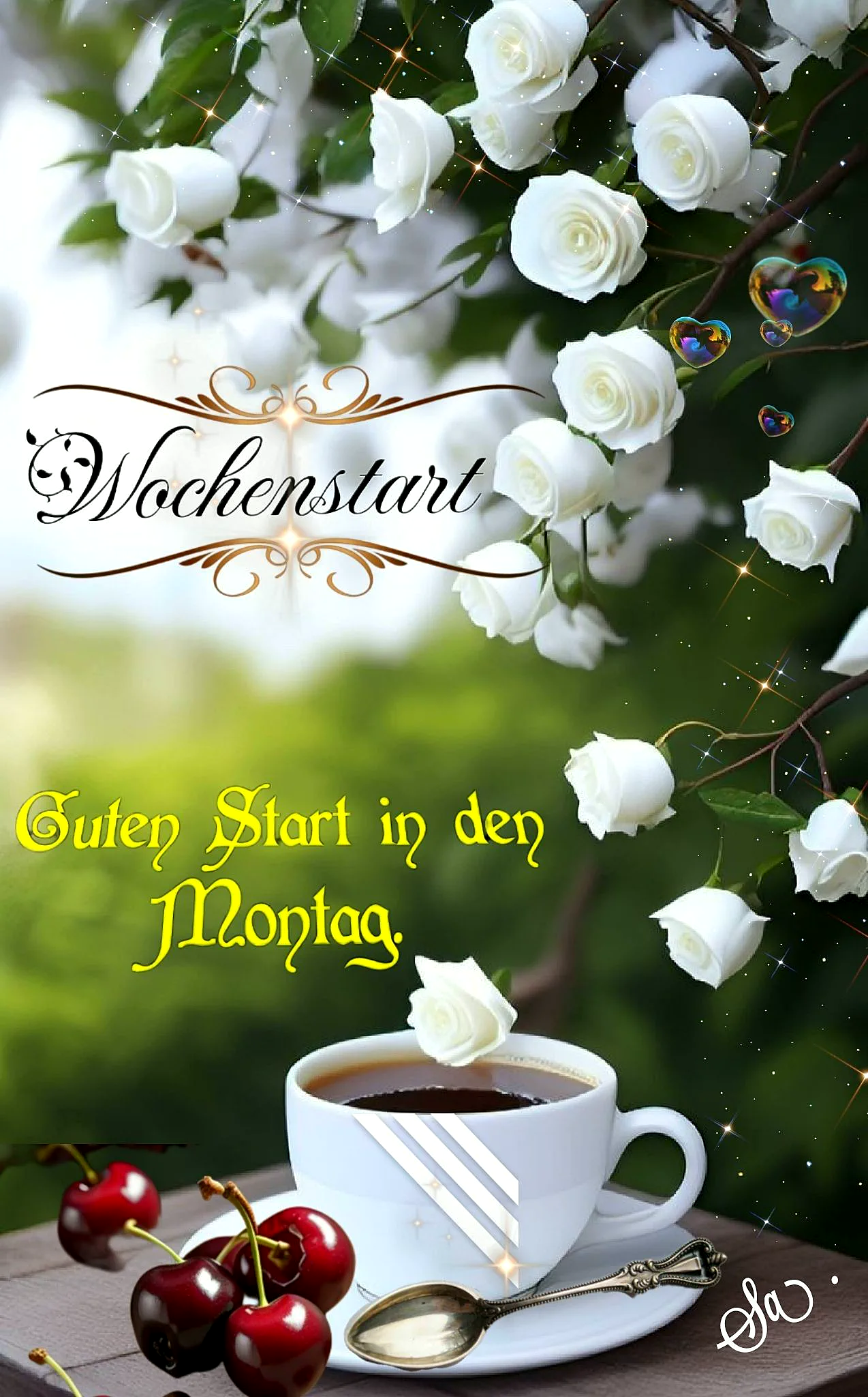 Ein Bild mit einer Tasse Kaffee, umgeben von weißen Rosen, Kirschen und einem Löffel auf einem Holztisch im Freien, mit einem goldenen Dekorationselement und Herzen im Hintergrund.