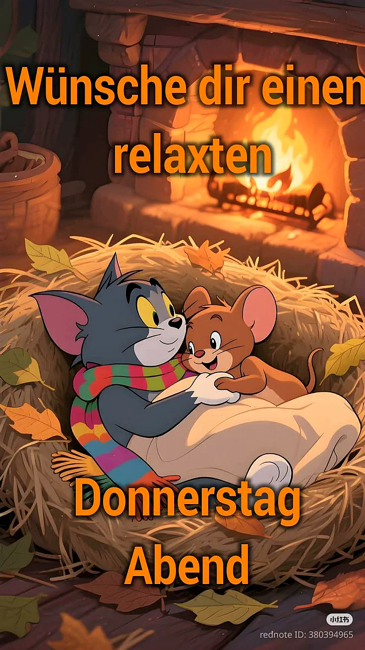 Tom und Jerry kuscheln gemütlich in einem Strohnest vor einem wärmenden Kaminfeuer. Herbstblätter sind verstreut. Tom trägt einen bunten Schal, Jerry liegt entspannt unter einer Decke. Die Szene vermittelt Geborgenheit am Donnerstagabend.