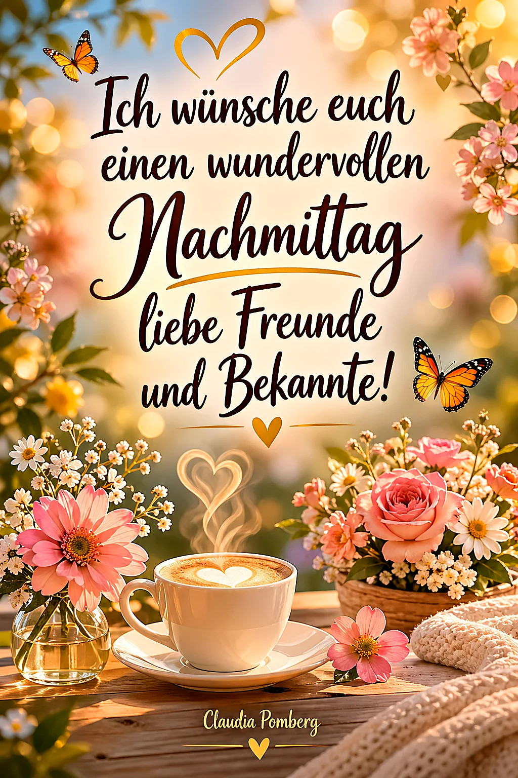 Ein gemütlicher Nachmittag mit einer Tasse Kaffee, Blumen und Schmetterlingen. Der Kaffee ist in einer weißen Tasse mit einem Herz auf dem Schaum. Die Blumen sind rosa und weiß, und es gibt auch einige grüne Blätter. Der Hintergrund ist unscharf und zeigt einen Garten oder eine Wiese.