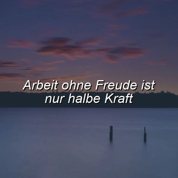 Ein ruhiger See bei Sonnenuntergang mit zwei Pfosten im Wasser, im Hintergrund ein dunkler Wald und ein Himmel mit rosa und blauen Wolken. Das Zitat 'Arbeit ohne Freude ist nur halbe Kraft' ist zentral im Bild platziert.