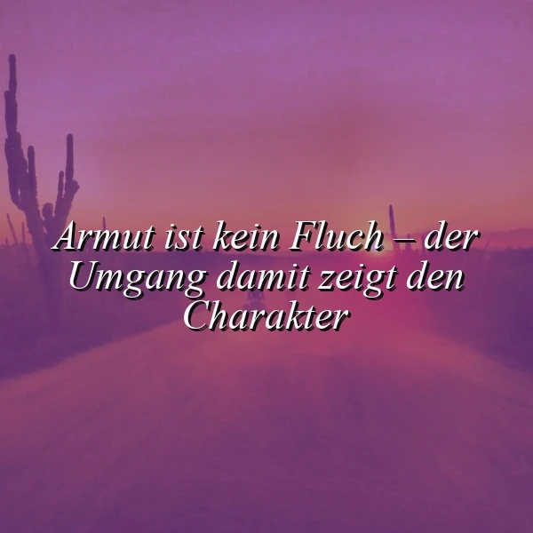 Sonnenuntergang oder Sonnenaufgang in der Wüste mit Kakteen, einer einsamen Straße und einem rosa-violetten Himmel. Darauf der weiße Spruch: Armut ist kein Fluch – der Umgang damit zeigt den Charakter. Eine nachdenkliche, aber inspirierende Stimmung.