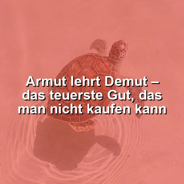 Ein Foto einer Schildkröte im Wasser mit einem rosa Hintergrund, auf dem der Spruch 'Armut lehrt Demut – das teuerste Gut, das man nicht kaufen kann' eingeblendet ist.