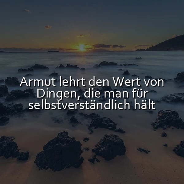 Ein stimmungsvoller Sonnenuntergang über einer felsigen Küste, das Meer ist leicht nebelverhangen. Darauf der inspirierende Spruch: Armut lehrt den Wert von Dingen, die man für selbstverständlich hält, in klarer weißer Schrift. Die Szenerie vermittelt Ruhe und Nachdenklichkeit über den Wert des Alltäglichen.