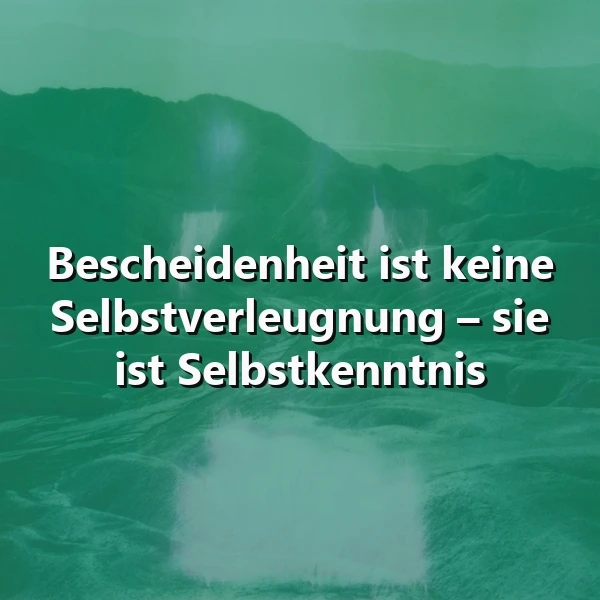 Inspirierendes Zitat auf dunkelgrünem, nebelverhangenem Landschaftshintergrund: Bescheidenheit ist keine Selbstverleugnung – sie ist Selbstkenntnis. Die Szenerie mit sanften Hügeln strahlt eine ruhige, nachdenkliche Atmosphäre aus.