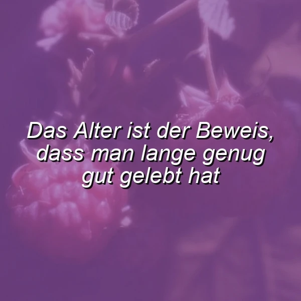 Ein Foto mit einer Nahaufnahme von frischen, reifen Brombeeren an einem Busch, im Hintergrund verschwommen. Überlagert mit dem Zitat 'Das Alter ist der Beweis, dass man lange genug gut gelebt hat' in weißer Schrift. Der gesamte Hintergrund ist in einen warmen, weichen, violetten Farbton getaucht.
