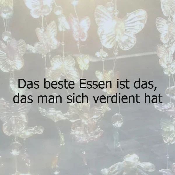 Ein schimmerndes Bild mit transparenten, goldenen Schmetterlingsmotiven und zarten Perlenketten, die sanft herabhängen. Im Vordergrund steht der inspirierende Spruch: "Das beste Essen ist das, das man sich verdient hat." Die Atmosphäre ist verträumt und nachdenklich.