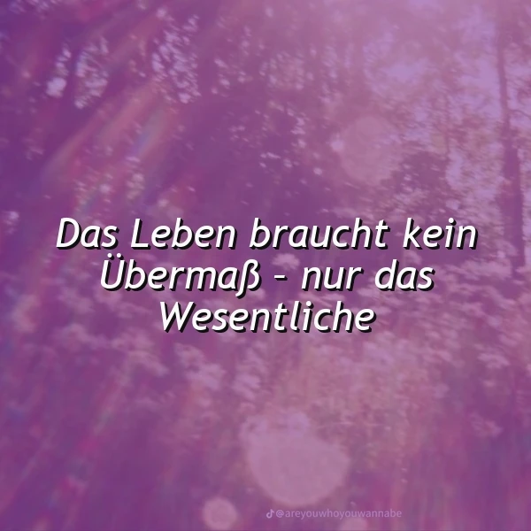 Ein inspirierendes Bild in violetten Tönen mit verschwommenen Bäumen und sanften Lichtstrahlen. Zentral steht der Spruch 'Das Leben braucht kein Übermaß - nur das Wesentliche'.