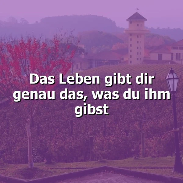 Ein lilafarbenes Landschaftsbild mit einer Straße, einem Baum mit roten Blättern, einer Laterne und einem Turm im Hintergrund. Das Bild zeigt ein Zitat: 'Das Leben gibt dir genau das, was du ihm gibst'.