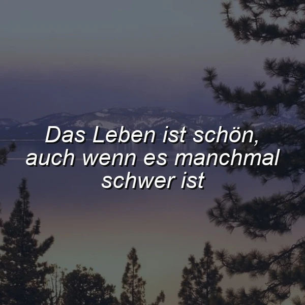 Ein Foto mit einem dunklen, aber friedlichen Wald vor einer Bergkulisse bei Sonnenuntergang mit dem Zitat 'Das Leben ist schön, auch wenn es manchmal schwer ist'
