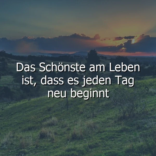 Ein inspirierendes Bild mit sanften grünen Hügeln und einem farbenprächtigen Sonnenaufgang. Der zentrale Text „Das Schönste am Leben ist, dass es jeden Tag neu beginnt“ motiviert zu neuen Anfängen und Optimismus.