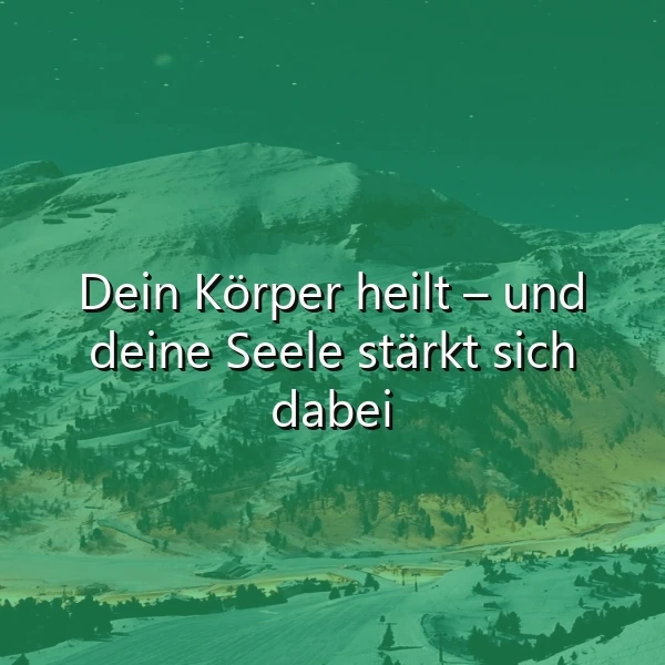 Ein inspirierendes Zitat auf einem Bild, das schneebedeckte Berge bei dämmrigem, grünlichem Licht zeigt. Der weiße Text lautet: 'Dein Körper heilt – und deine Seele stärkt sich dabei.' Die Szene vermittelt Ruhe und innere Stärke.