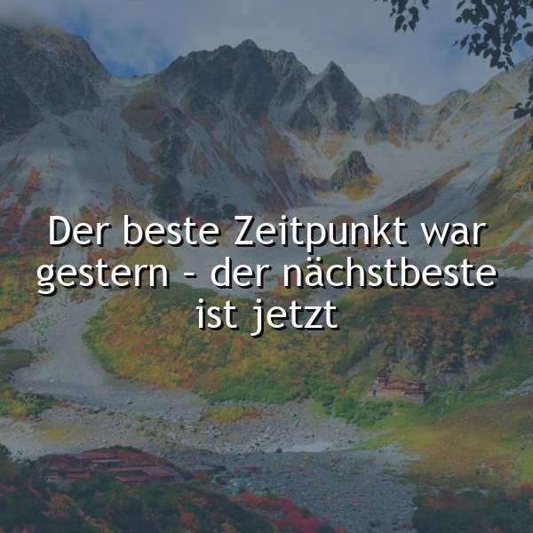 Ein Bergpanorama mit einem Fluss, der durch ein Tal fließt. Der Himmel ist bewölkt. Im Vordergrund steht ein Zitat: Der beste Zeitpunkt war gestern - der nächstbeste ist jetzt.
